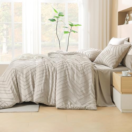 Litanika Queen Comforter Set with Sheets Beige - 7 Pieces Bed in a Bag Queen Chevron Tufted Complete Bedding Sets with Comforter, Sheets, Pillowcases & Shams - Image 4