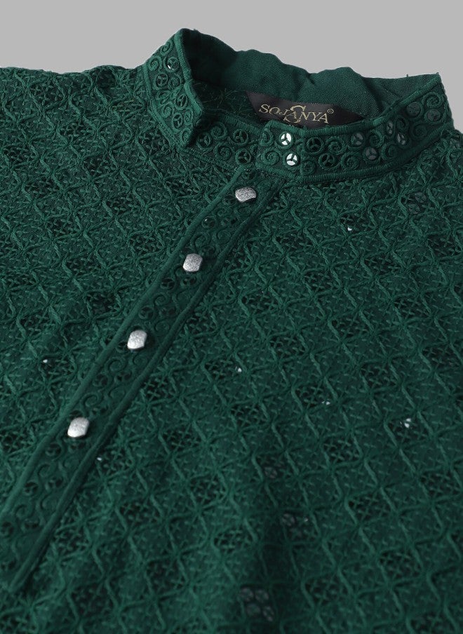 Sojanya Geometric Embroidered Green Kurta With Churidar For Men - Image 2