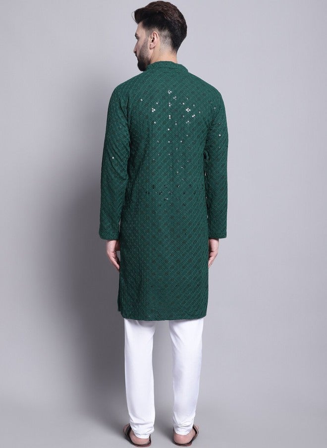 Sojanya Geometric Embroidered Green Kurta With Churidar For Men - Image 4