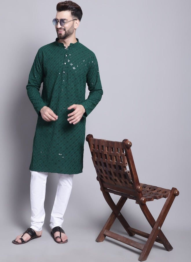 Sojanya Geometric Embroidered Green Kurta With Churidar For Men - Image 5