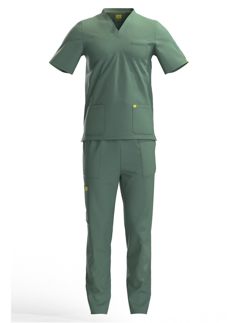 Doctor - Scrub Comfortable Olive Lycra fabric with many pockets is meticulously crafted to retain its color without fading with repeated washing - Image 1