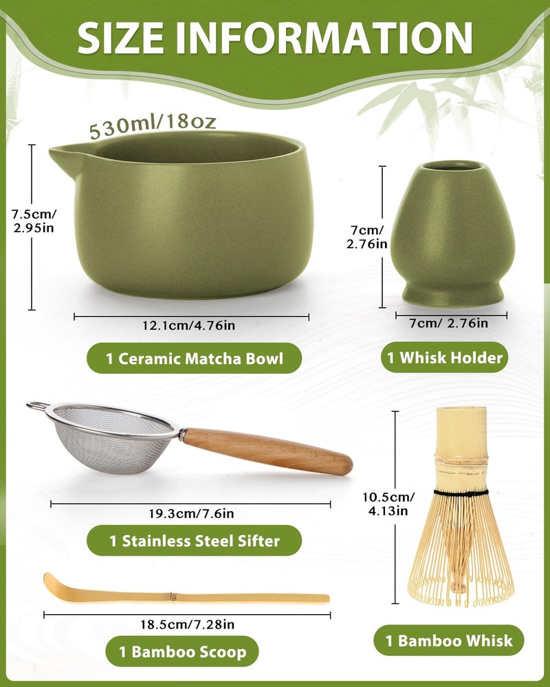 Jardin Tesoro 20OZ Matcha Whisk Set - 5PCS Japanese Tea Set Includes Matcha Bowl with Spout, Bamboo Whisk with Ceramic Holder, Bamboo Scoop and Sifter, Matcha Kit for Ceremony, Gift for Matcha Lovers (Matcha Green) - Image 2