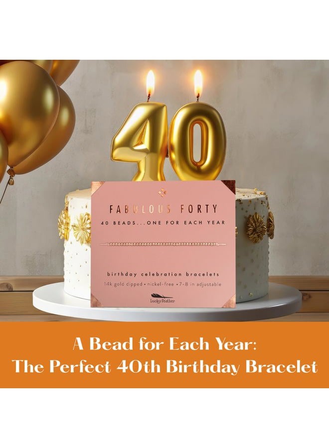 Lucky Feather 40th Birthday Gifts for Women, 14K Gold Dipped Beads Bracelet on Adjustable 7"- 8" Cord - Perfect 40th Birthday Gift Ideas for Her, Metal - Image 3