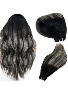 Smartinnov Hand Tied Weft Hair Extensions Balayage Sew In Hair Black To Silver 24 Inch 120G Ombre Sew In Hair Extensions Double Weft Real Human Hair Bundles Silky Straight Hair Pieces Silver Highlight For Women  - Image 1