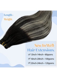 Smartinnov Hand Tied Weft Hair Extensions Balayage Sew In Hair Black To Silver 24 Inch 120G Ombre Sew In Hair Extensions Double Weft Real Human Hair Bundles Silky Straight Hair Pieces Silver Highlight For Women  - Image 3