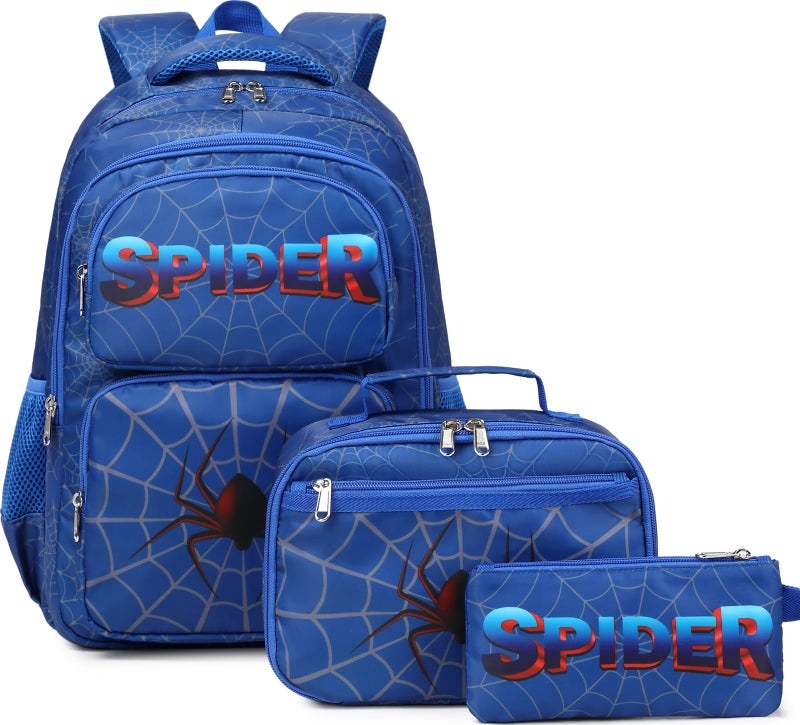 JIANYA School Backpacks for Boys, Kids Backpack Boys School Bag 3pcs Spider Backpack with Lunch Box Pencil Case, Blue - Image 1