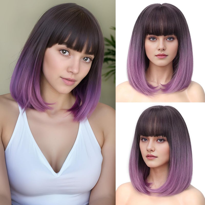 Lady Miranda Purple Bob Wig with Bangs Short Straight Bob Wig Middle Part with Bangs Bob Hair Wigs Synthetic Grey to Purple Bob Wigs for Women Daily Party Wig for Women