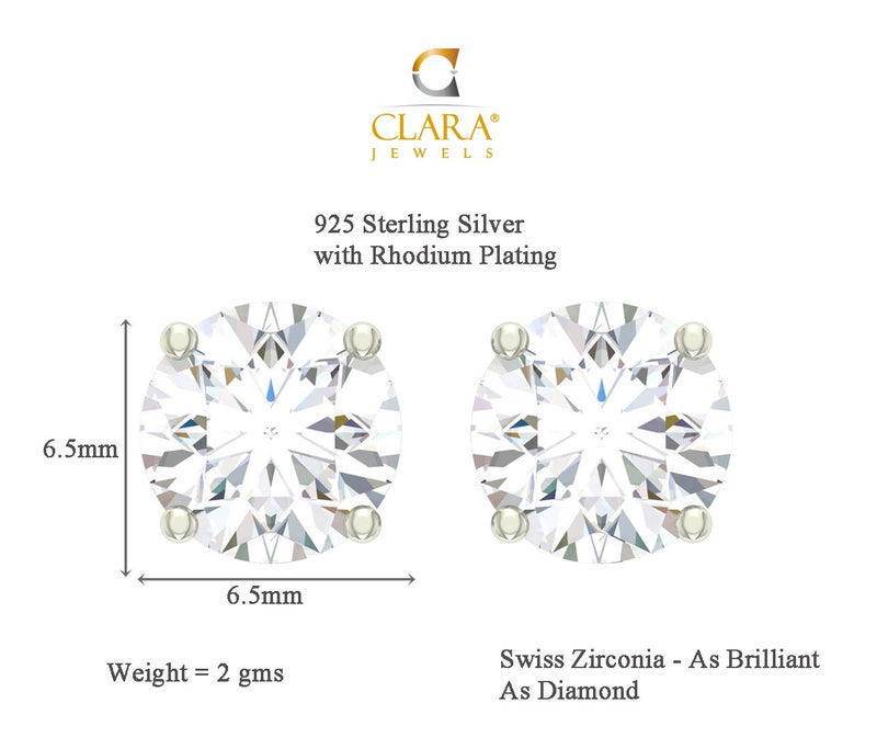 CLARA 925 Sterling Silver Swiss Zirconia 6.5 mm Earring With Screw Back Gift for Women & Girls(White) - Image 5