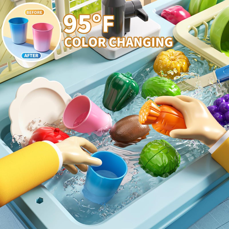 JUKUDAHU Play Sink with Running Water, Play Kitchen Toys Sink for Kids 3 4 5 6 7 Years Old, Electrical Dishwasher, Color Changing Kitchen Accessories, Dishes Games, Gifts for Toddlers 3-5 - Image 3