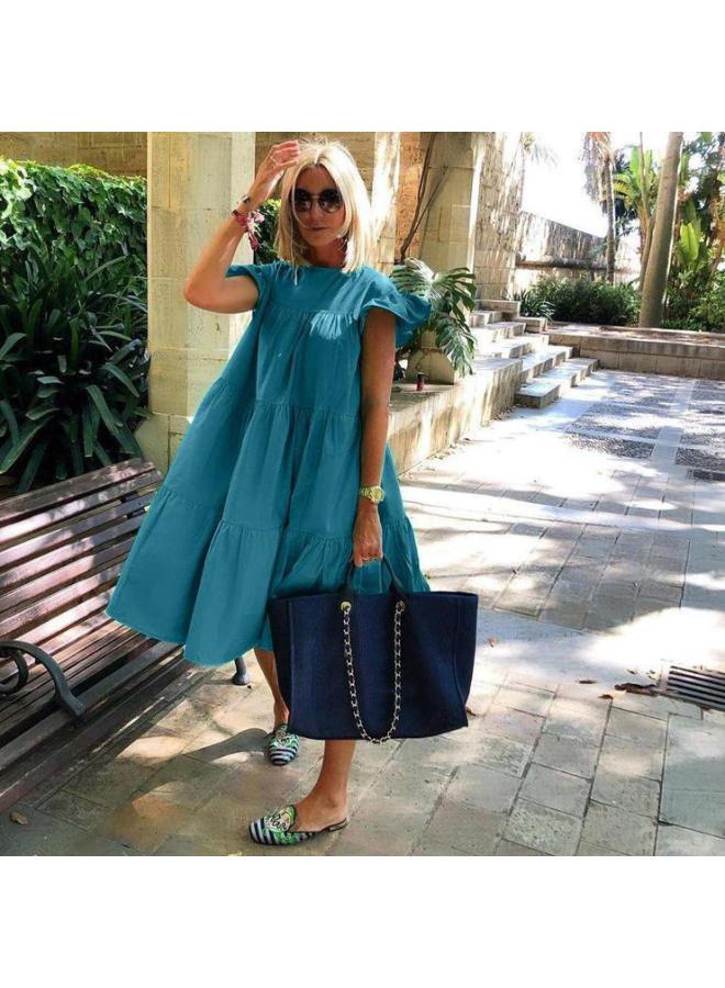 Summer European And American Style Women's Loose Pleated Short Sleeve Dress Women's Solid Color Casual Jumpsuit Skirt