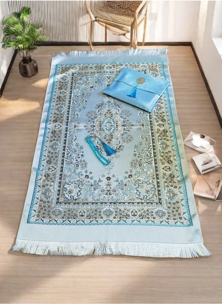 Generic - Muslim Prayer Rug and Prayer Beads with Elegant Design Cylinder Gift Box | Janamaz | Sajadah | Soft Islamic Prayer Rug | Islamic Gifts Set | Prayer Carpet Mat, Taffeta Fabric - Image 1