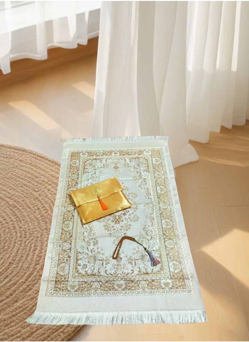 Generic - Muslim Prayer Rug and Prayer Beads with Elegant Design Cylinder Gift Box | Janamaz | Sajadah | Soft Islamic Prayer Rug | Islamic Gifts Set | Prayer Carpet Mat, Taffeta Fabric - Image 1