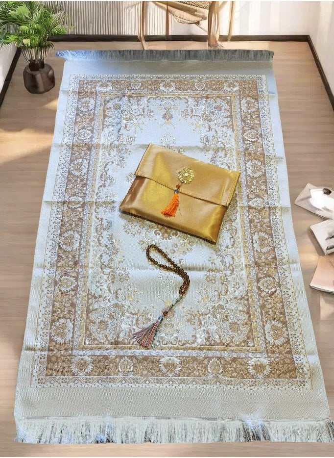 Generic - Muslim Prayer Rug and Prayer Beads with Elegant Design Cylinder Gift Box | Janamaz | Sajadah | Soft Islamic Prayer Rug | Islamic Gifts Set | Prayer Carpet Mat, Taffeta Fabric - Image 1