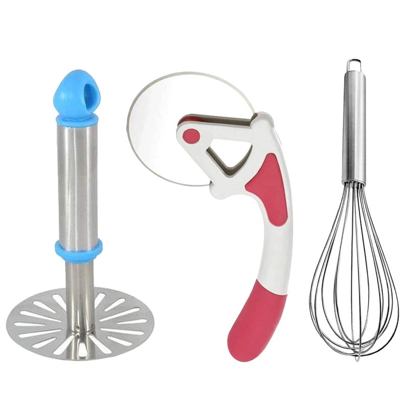 IDEAL PRIME Rust Proof Stainless Steel Potato Masher Pizza Cutter Whisk Kitchen Items Durable Steel Pav Bhaji Maker Pizza Cutting Wheel Egg Beater Mixer Kitchen Tools Pack of 3 - Image 1