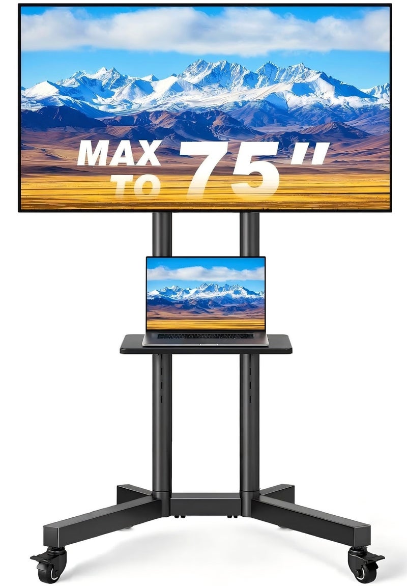 Apexll Mobile TV Stand with Wheels for 32-75 Inch Flat or Curved TVs, Adjustable Rolling TV Cart with Shelf, VESA 600x400mm, Holds 65kg, Portable Floor Stand for Home, Office and School - Image 1