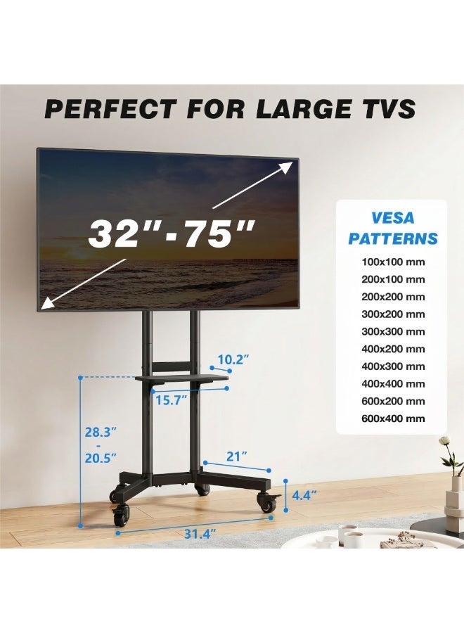 Apexll Mobile TV Stand with Wheels for 32-75 Inch Flat or Curved TVs, Adjustable Rolling TV Cart with Shelf, VESA 600x400mm, Holds 65kg, Portable Floor Stand for Home, Office and School - Image 3