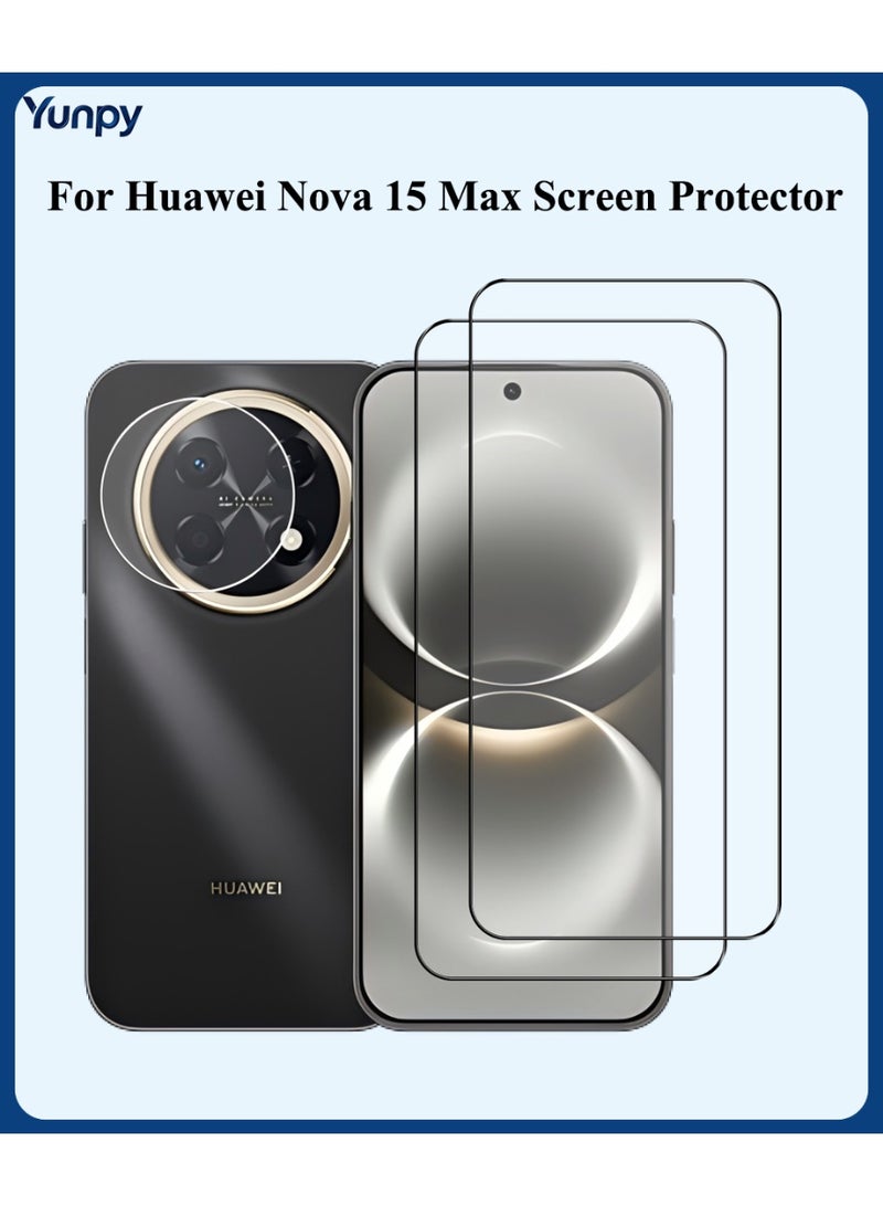 Yunpy [2+1 Packs] for Huawei Nova 15 Max Tempered Glass Screen Protector with Camera Lens Film , Including 2 Pack Front Glass and 1 Pack Camera Lens Film, 9H Hardness HD Clear Anti-Scratch Anti-Fingerprint Bubble-Free Case Friendly Screen Protector - Image 1