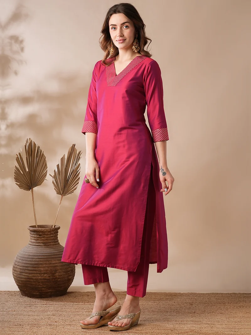 globus Women Gold Zari Embroidered V-Neck Straight Kurta & Elasticated Pants Workwear Set