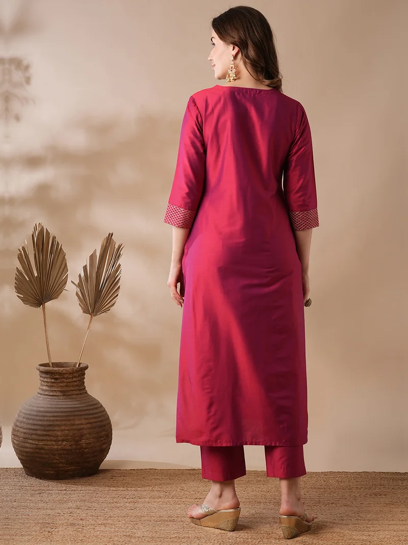 globus Women Gold Zari Embroidered V-Neck Straight Kurta & Elasticated Pants Workwear Set