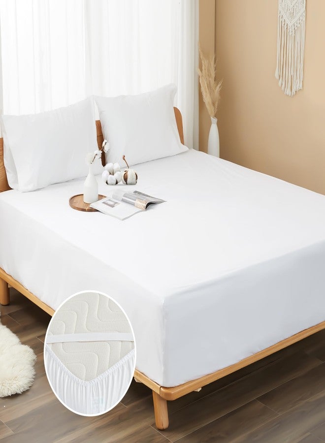 HOMTEC 100% Cotton Percale Fitted Sheet Twin XL Size, 8-15" Deep Pocket Cooling Bottom Sheet, Breathable Soft & Crisp Fitted Sheet Only with 4 Corner Straps (Twin XL, White) - Image 1
