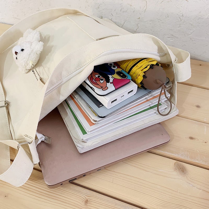 2021 Autumn New Solid Color Canvas Bag School Style Girl'S Shoulder Crossbody Cloth Bag Japanese And Korean Large Capacity Cloth Bag - Image 4