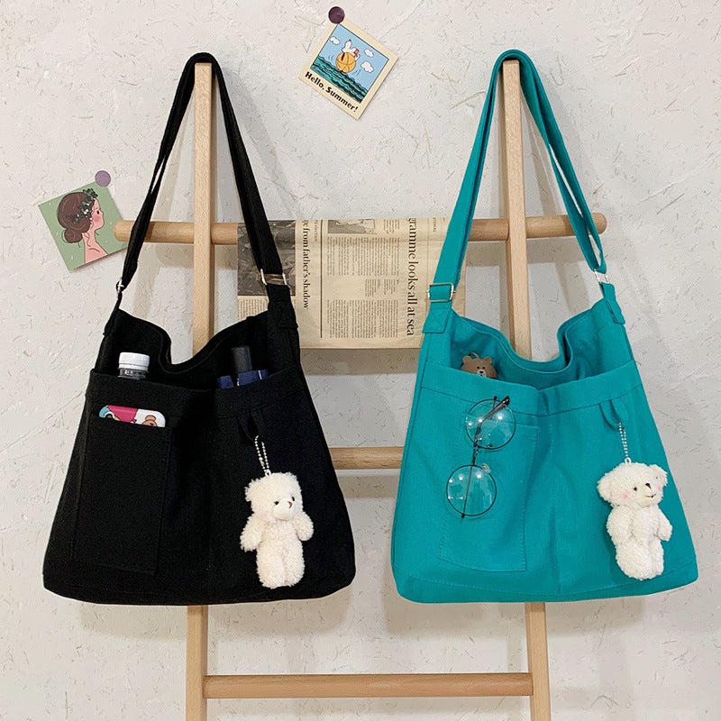 2021 Autumn New Solid Color Canvas Bag School Style Girl'S Shoulder Crossbody Cloth Bag Japanese And Korean Large Capacity Cloth Bag - Image 2