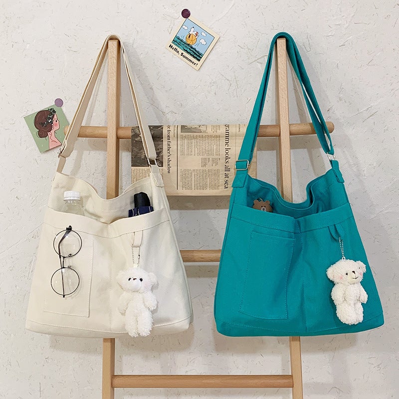 2021 Autumn New Solid Color Canvas Bag School Style Girl'S Shoulder Crossbody Cloth Bag Japanese And Korean Large Capacity Cloth Bag - Image 3