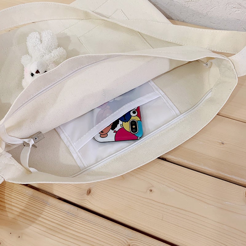 2021 Autumn New Solid Color Canvas Bag School Style Girl'S Shoulder Crossbody Cloth Bag Japanese And Korean Large Capacity Cloth Bag - Image 5