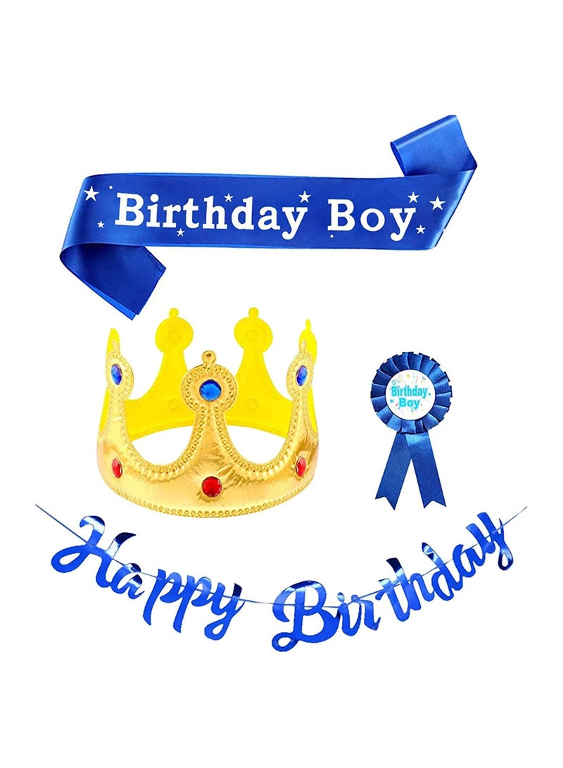 SYOSI Birthday King Crown Boy Sash and Button Pins Happy Banner Party Accessory Set for Boys Dress-Up Decoration 4Pcs - Image 1