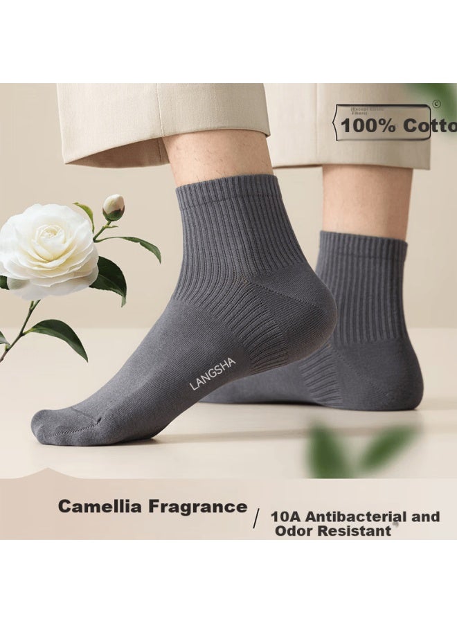 LANG SHA Langsha Men's Pure Cotton Spring Summer Socks Anti-odor Sweat-absorbing Antibacterial Durable Camellia Scented Sports Mid-calf Socks - Image 3