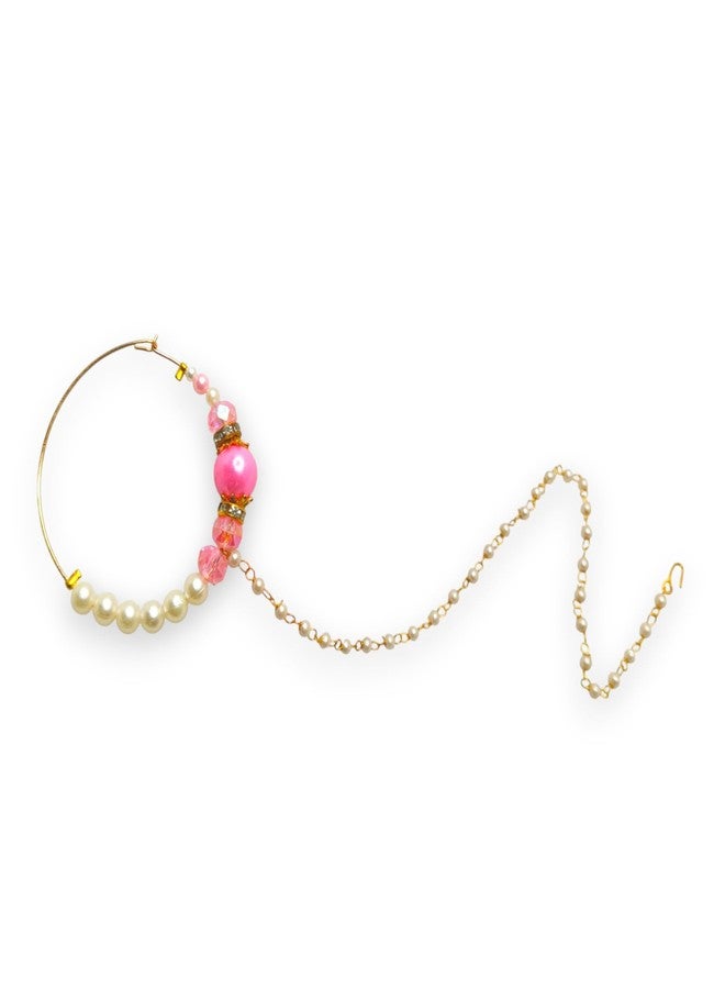 SUN SHINE Gold Nose Ring Chain with Pink Beads and Pearls for Women and Girls, Traditional Indian Nath Jewelry - Image 1