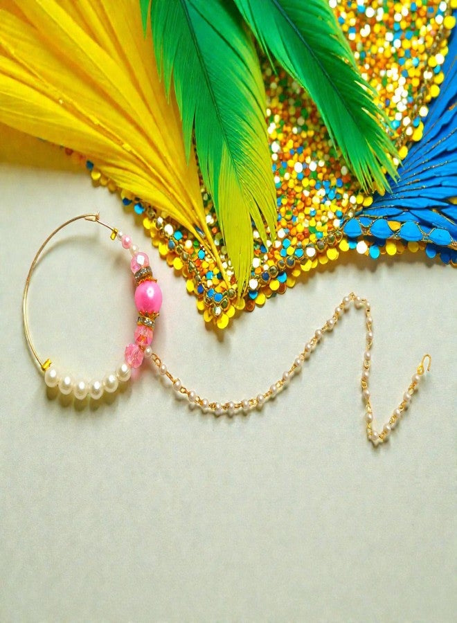 SUN SHINE Gold Nose Ring Chain with Pink Beads and Pearls for Women and Girls, Traditional Indian Nath Jewelry - Image 2