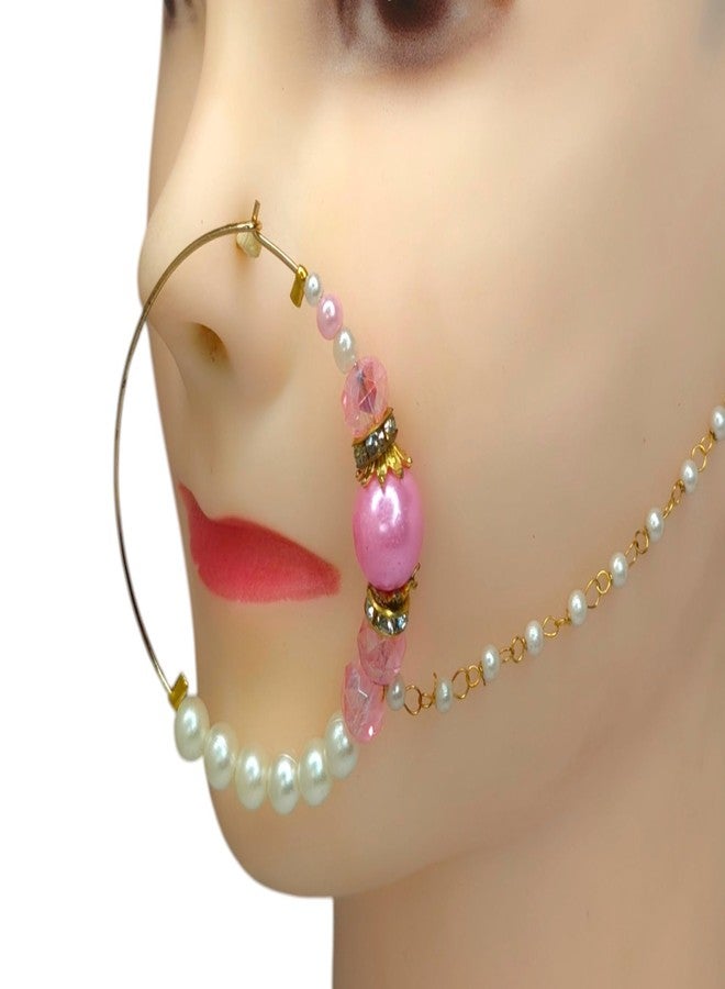 SUN SHINE Gold Nose Ring Chain with Pink Beads and Pearls for Women and Girls, Traditional Indian Nath Jewelry - Image 3