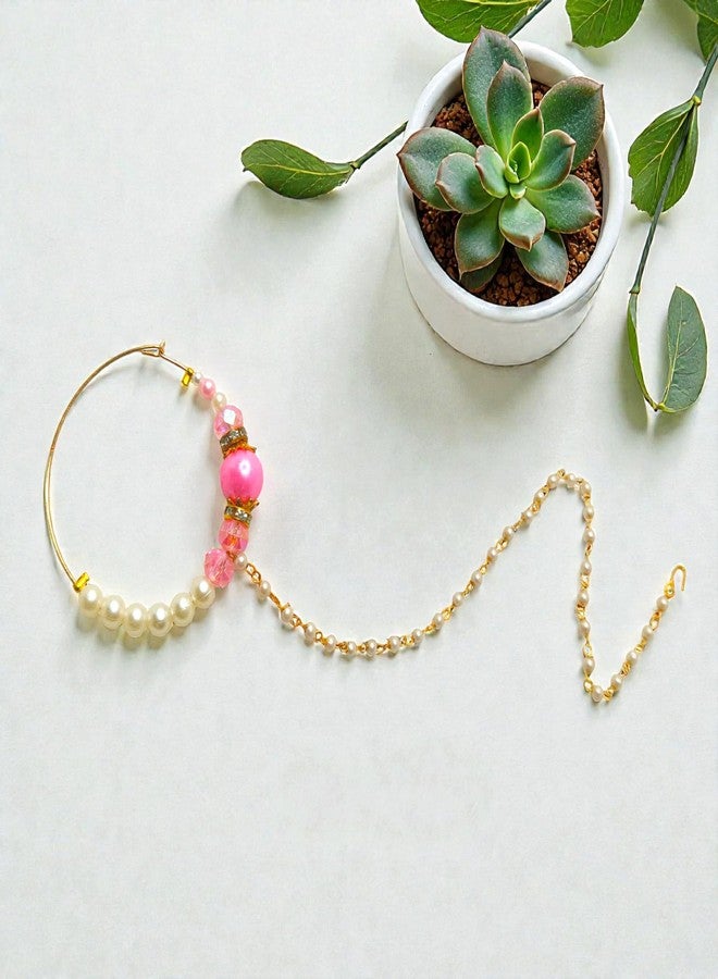 SUN SHINE Gold Nose Ring Chain with Pink Beads and Pearls for Women and Girls, Traditional Indian Nath Jewelry - Image 5
