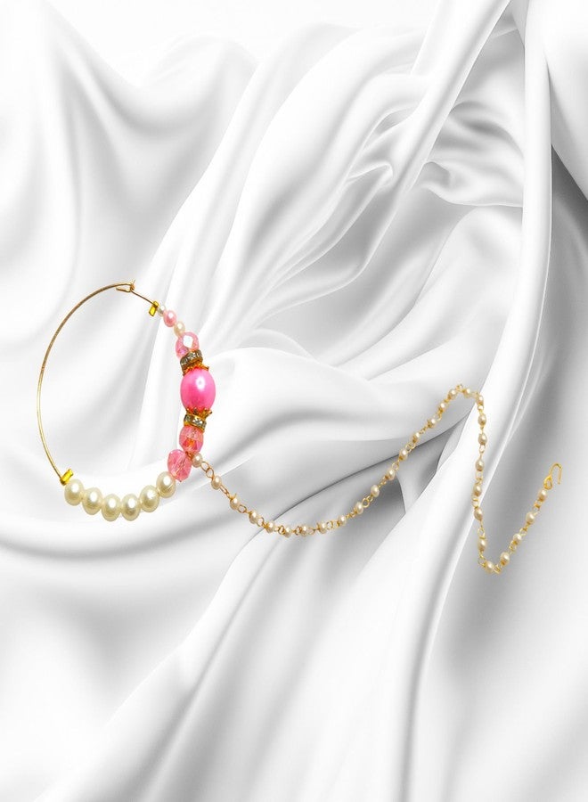 SUN SHINE Gold Nose Ring Chain with Pink Beads and Pearls for Women and Girls, Traditional Indian Nath Jewelry - Image 4
