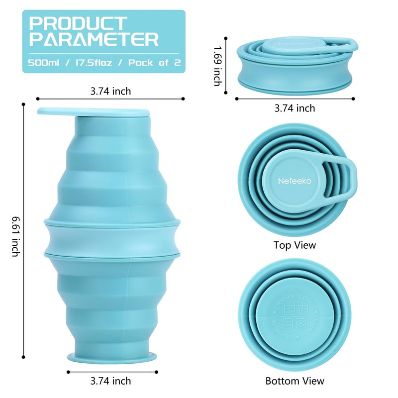 Nefeeko Collapsible Water Bottle,17oz(500ml) Reuseable BPA Free Silicone Foldable Water Bottles for Travel Gym Camping Hiking, Portable Leak Proof Sports Water Bottle with Carabiner - Image 2