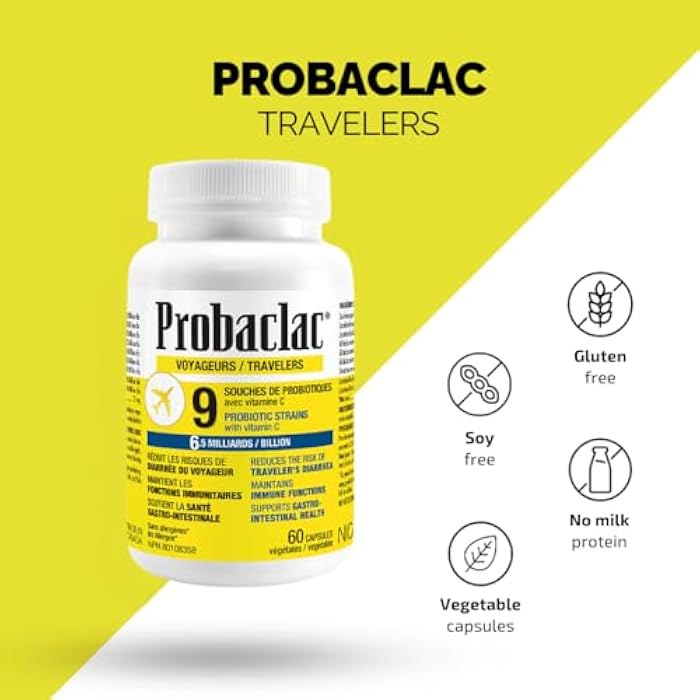 Probaclac Natural Travelers Probiotics, Reducing Risk of Diarrhea, Contains Vitamin C, Immune Support, Gluten Free, Travel Size, Vacation, Cruise and Airplane Travel Essentials, Vegan, 60 Capsules - Image 4