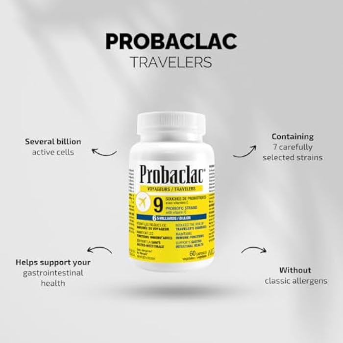 Probaclac Natural Travelers Probiotics, Reducing Risk of Diarrhea, Contains Vitamin C, Immune Support, Gluten Free, Travel Size, Vacation, Cruise and Airplane Travel Essentials, Vegan, 60 Capsules - Image 3