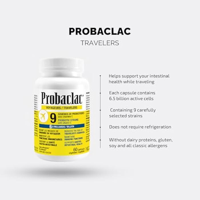 Probaclac Natural Travelers Probiotics, Reducing Risk of Diarrhea, Contains Vitamin C, Immune Support, Gluten Free, Travel Size, Vacation, Cruise and Airplane Travel Essentials, Vegan, 60 Capsules - Image 2