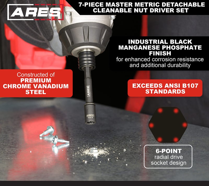 ARES 27087 â€“ Nut Driver Set â€“ Metric Magnetic 7-Piece â€“ Detachable and Cleanable â€“ Radial 6 Point Drive Sockets Load on Flats - Removable Socket Ends for Easy Cleaning â€“ Heavy Duty CR-V Steel - Image 2