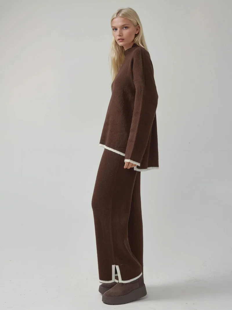 MY FASHION Coffee Brown MY FASHION Soft Textured Oversized Sweater & Pants Knit Co-ord Set for Women | Best Price UAE