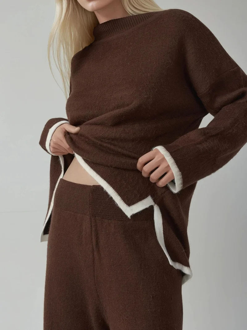 MY FASHION Coffee Brown MY FASHION Soft Textured Oversized Sweater & Pants Knit Co-ord Set for Women | Best Price UAE