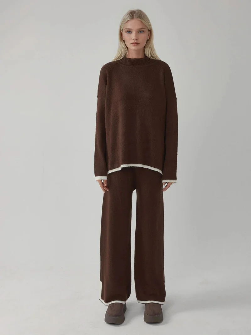MY FASHION Coffee Brown MY FASHION Soft Textured Oversized Sweater & Pants Knit Co-ord Set for Women | Best Price UAE