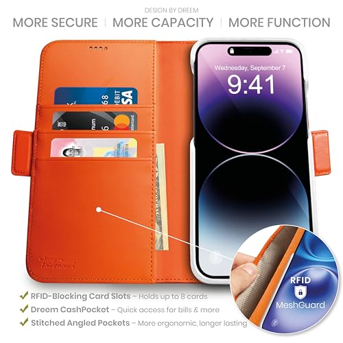 Dreem Wallet Case for iPhone 14 Plus 2 Way Phone Stand Magnetic Detachable Vegan Leather Flip Cover RFID Blocking Card Holder MagSafeFit Gift Box Fibonacci Orange - Image 3