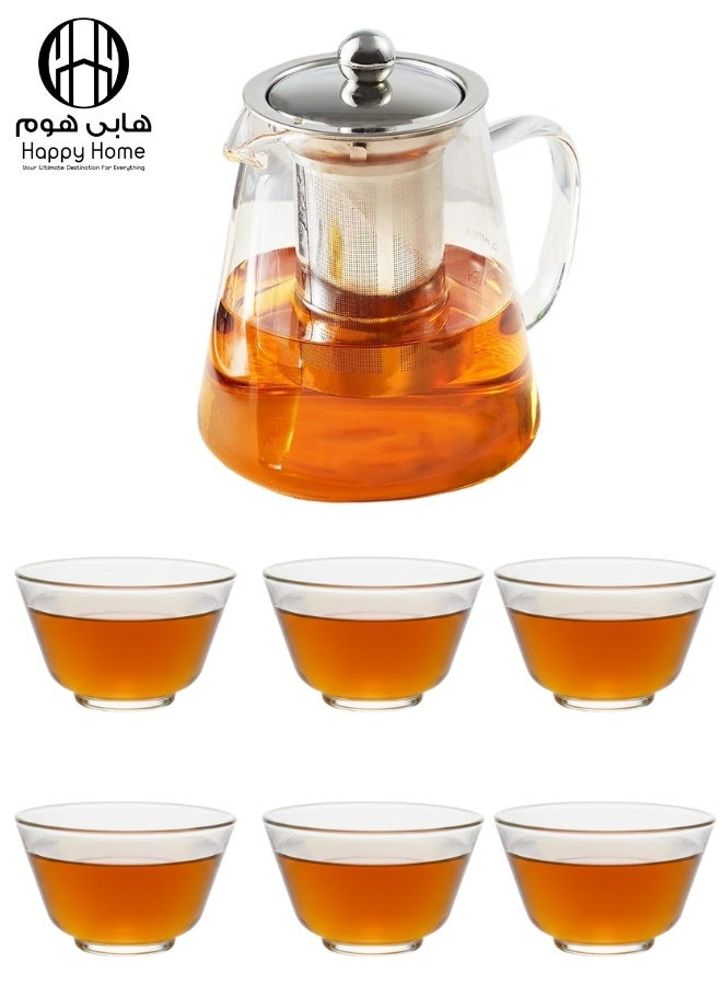 هابي هوم طقم شاي زجاجي فاخر 7 قطع – إبريق شاي بسعة 650 مل مع فلتر قابل للإزالة من الفولاذ المقاوم للصدأ، آمن للاستخدام على الموقد والميكروويف، مثالي للشاي السائب والشاي المزهر، يشمل 6 أكواب شاي زجاجية بسعة 80 مل، تصميم عصري أنيق لتحضير وتقديم الشاي في المنزل - Image 1