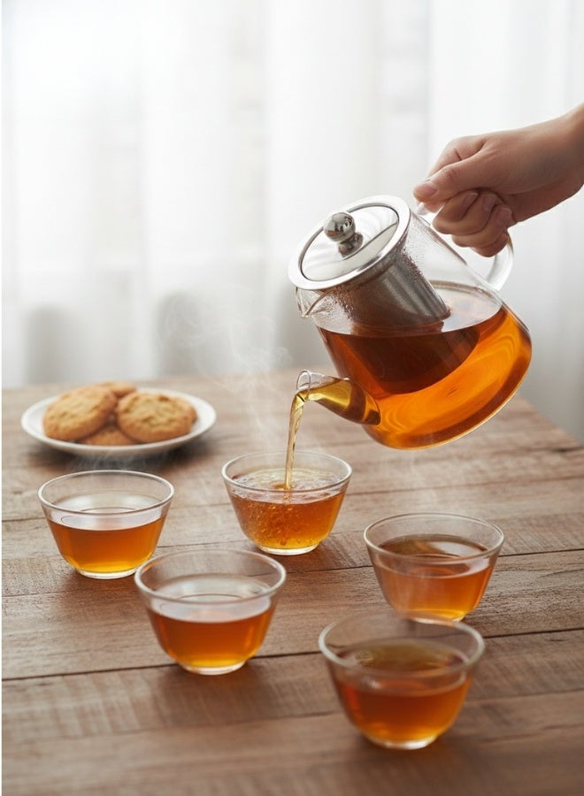 هابي هوم طقم شاي زجاجي فاخر 7 قطع – إبريق شاي بسعة 650 مل مع فلتر قابل للإزالة من الفولاذ المقاوم للصدأ، آمن للاستخدام على الموقد والميكروويف، مثالي للشاي السائب والشاي المزهر، يشمل 6 أكواب شاي زجاجية بسعة 80 مل، تصميم عصري أنيق لتحضير وتقديم الشاي في المنزل - Image 4