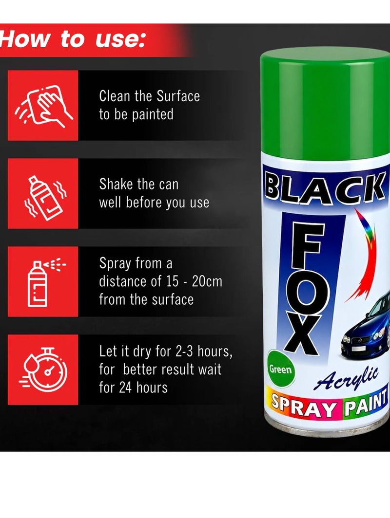بلاك فوكس طلاء بخاخ أكريليك أخضر من BLACK FOX (سعة 400 مل) - طبقة لامعة متعددة الأسطح (للمعدن، الخشب، الزجاج، القماش، الأثاث، والجدران) - مثالي للأعمال اليدوية، إصلاحات السيارات، واللمسات التجميلية - سريع الجفاف، تغطية ناعمة، وحماية للأسطح الداخلية والخارجية. - Image 2