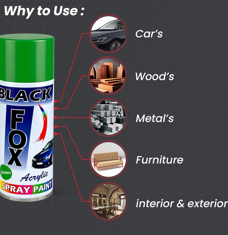 بلاك فوكس طلاء بخاخ أكريليك أخضر من BLACK FOX (سعة 400 مل) - طبقة لامعة متعددة الأسطح (للمعدن، الخشب، الزجاج، القماش، الأثاث، والجدران) - مثالي للأعمال اليدوية، إصلاحات السيارات، واللمسات التجميلية - سريع الجفاف، تغطية ناعمة، وحماية للأسطح الداخلية والخارجية. - Image 3