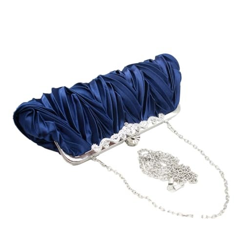 Tngan Women Pleated Satin Clutch Bride Purse Elegant Rhinestone Evening Bag Banquet Party Handbag, Dark Blue - Image 4