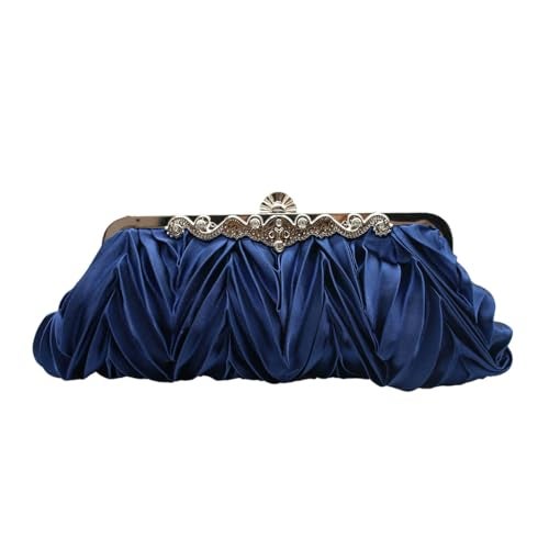 Tngan Women Pleated Satin Clutch Bride Purse Elegant Rhinestone Evening Bag Banquet Party Handbag, Dark Blue - Image 1